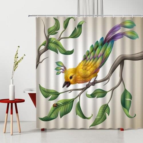 Animal Shower Curtain Bird Green Leaf Branches Forest Elk Spring Flower Washable Bathroom Partition Curtain Decorative Paintings