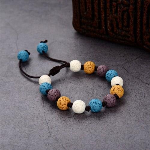 Vintage Natural Stone Multi Bracelet Lava Volcanic Rock Beaded Bangle Round Beads Womens Anion Yoga Jewelry Adjustable Y1001