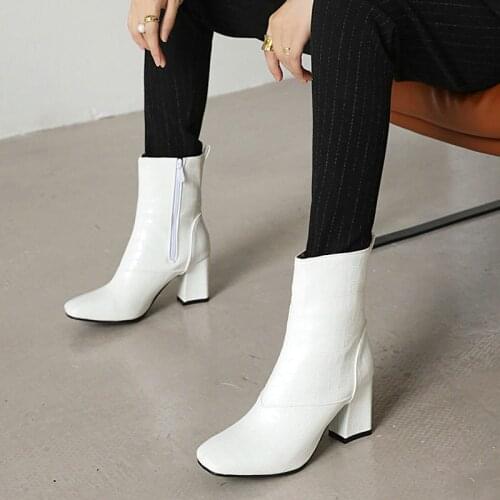 2021 Stone Pattern Ladies Short Boots Spring Autumn Square Toe Zipper Womens Shoes Fashion Winter Thick High-Heel Ankle Boots