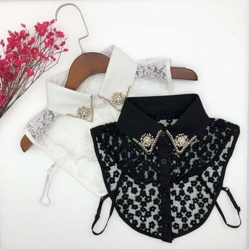 Women Lace Hollow Handmade Beads False Collars Detachable Shirt Blouse Tops Collar for Sweater Dress White Fake Collars