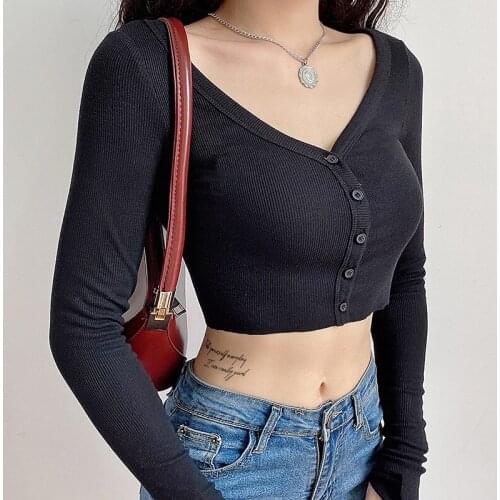 Woman Autumn Knitted Crop Tops Long Sleeve Single Breasted V-neck T shirts Solid Black Grey White Color Clothes mujer camisetas