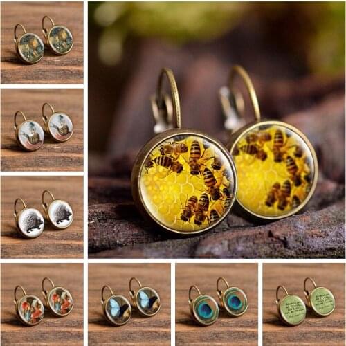 2019 Fashion New Bee Dragonfly Pattern Dome Cabochon Stud Earrings for Women Girls Retro Handmade Jewelry