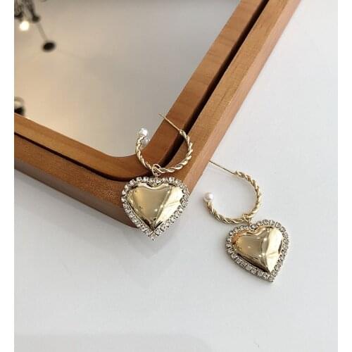 Origin Summer Unique Design Gold Color Love Heart Dangle Earings for Women Exquisite Rhinestone Pearl Earings Party Jewelry