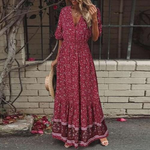 ZANZEA Summer Women V Neck Short Sleeve Holiday Sundress Bohemian Floral Printed Beach Dress Maxi Long Vestido Kaftan Robe Femme