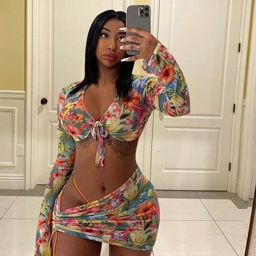 Summer Floral Print 3 Piece Set Beach Wear Club Outfits for Women Vacation Crop Top and Ruched Mini Skirts Suits Matching Sets
