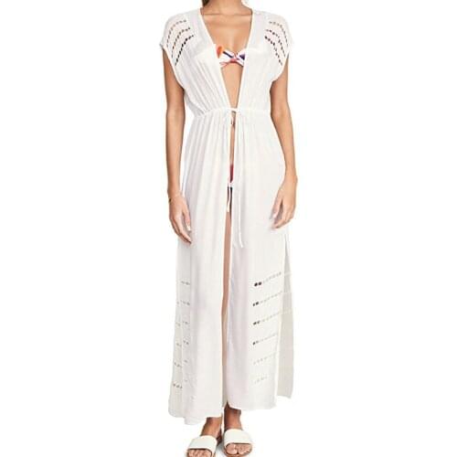 2021 Sexy Striped Hollow Out White Cotton Summer Beach Tunic Women Plus Size Beachwear Self Belted Front Open Midi Dress N1004