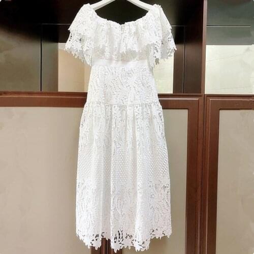 2020 New Style Laser Engraved High Quality Women Lace Dress Flower Embroidery Lady White Midi Dress