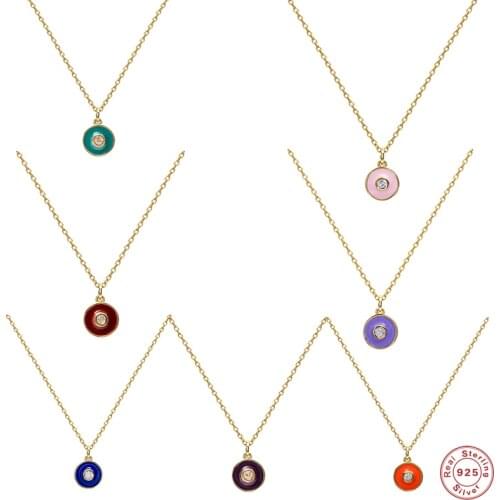 Aide 925 Sterling Silver Colorful Enamel Round Pendant Necklaces For Women Zircon Disc Charm Necklace Party Fine Jewelry Gift