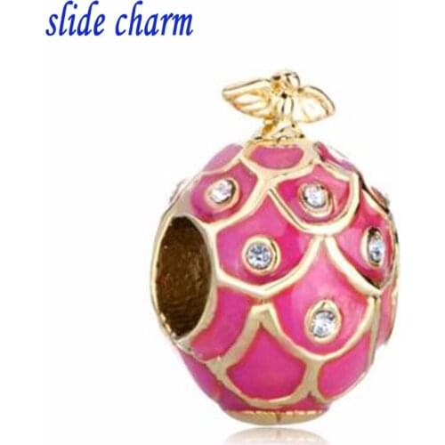 Slide charm Free shipping Childrens birthday gift pink enamel egg white crystal beads fit Pandora charm bracelets force