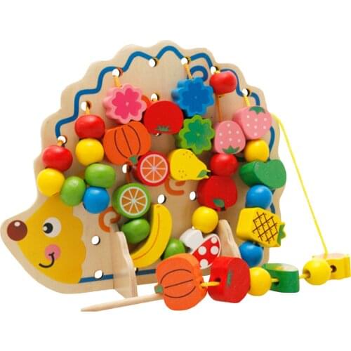 Wooden Fruits Vegetables Lacing Stringing Beads Toys with Hedgehog Board Montessori Educational Toy for Kids Children Gift