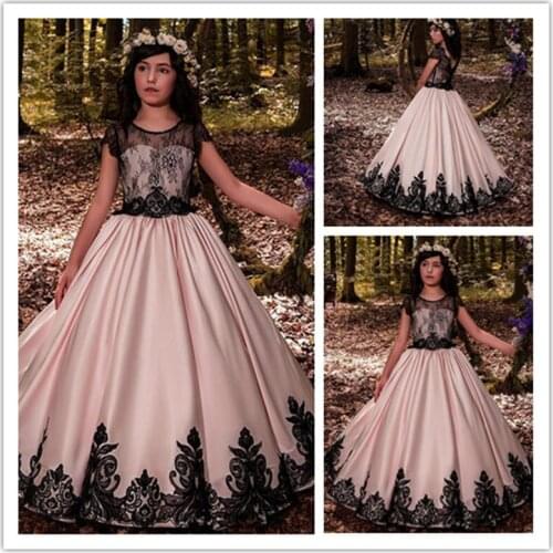 Elegant Pink Princess Flower Girl Dress for Wedding Party Pageant Dress with Black Lace Flower Girls Gown