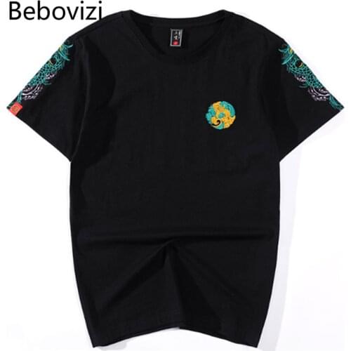 Chinese Style T Shirt Men Streetwear Sleeve Dragon Embroidery T-Shirt Harajuku Cotton Loose Short Sleeve Tshirt Black White 2021