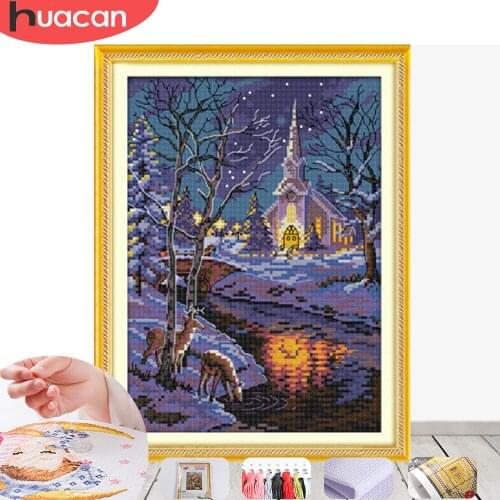 HUACAN Cross Stitch Embroidery Snow Scenery Needlework Sets For Full Kits White Canvas DIY Winter Night Gift Home Decor 14CT