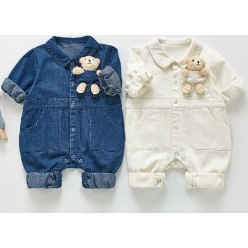 2021 Autumn Baby Clothing Denim Long Sleeve Girls Rompers Newborn Casual Cute Jumpsuits Bear Doll Boys Clothes Ropa Bebe