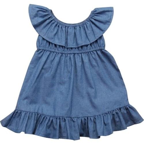 2018 Casual Cute Fashion Summer Newborn Infant Baby Girls Denim O-Neck Ruffles Trumpet Ankle-Length Dress Outfit Party 2-7Y