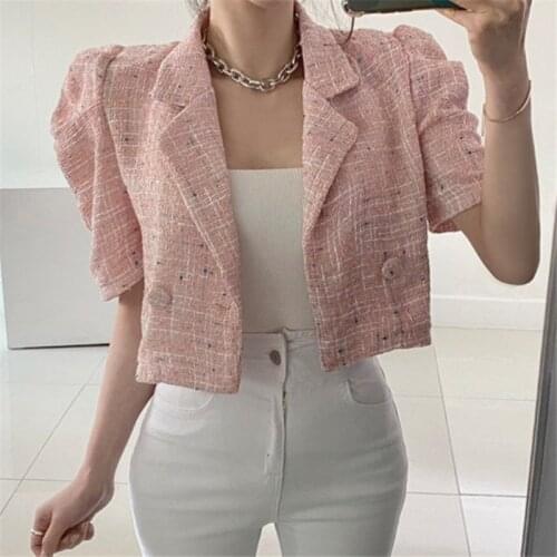 Korean Retro Lapel Straight Tweed Suit Puff Sleeve Short Cardigan Jacket Top