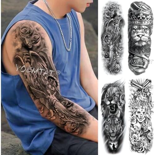 Large Arm Sleeve Tattoo King Crown lion Waterproof Temporary Fake Tatoo Sticker Skull Angel Clock Pigeon Men Women Full Tatto
