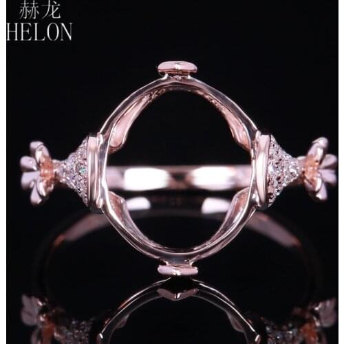 HELON Solid 14k Rose Gold AU585 Pave Natural Diamonds Engagement Wedding Semi Mount Ring Setting Fit Oval Cut 11.5x9.5-12x10mm