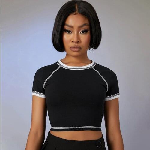 All-Match Summer Women Slim Fit Crop Tops Casual O-Neck T-shirt Black Sexy Short Sleeve Contrast High Waist 2021 Ladies Clothes