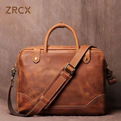 ZRCX Vintage Bags Briefcase Men Shoulder Genuine Leather Handbag Man Crazy Horse Brown Casual Fashion 15.6 Inch Laptop Bag