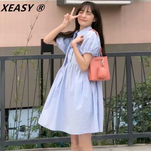 XEASY 2021 Women Dress Solid Color Lapel Lantern Short Sleeve Mini Dress Ladies Elegant A Line Summer Sweet Dresses