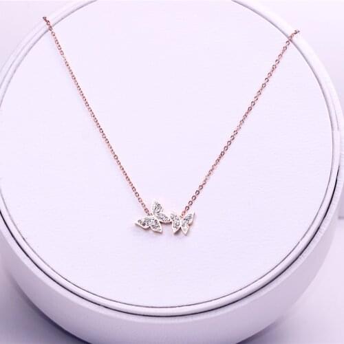 YUN RUO 2020 New Arrival Rose Gold Color Fashion Crystal Butterfly Pendant Necklace Titanium Steel Jewelry Woman Gift Never Fade