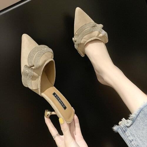 Womens 2021 Summer and Autumn Semi-slippers, Female Pointed Rhinestones, Stiletto Heels, Fashion Shoes Outside Baotou Sandals