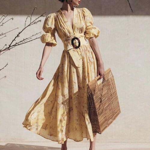 Wind Palace New White cotton linen Pressed Bubble Sleeve V neck Vacation Long Dresses