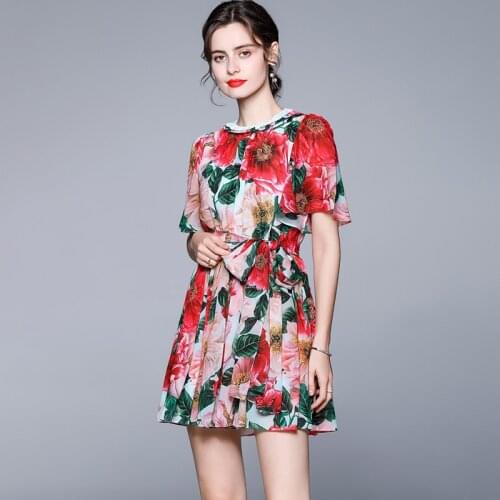 Floral Print Summer Mini Dress Women Bow Collar Short Sleeve Runway Party Dress High Waist Pleated Dress Elegant Vintage k8676