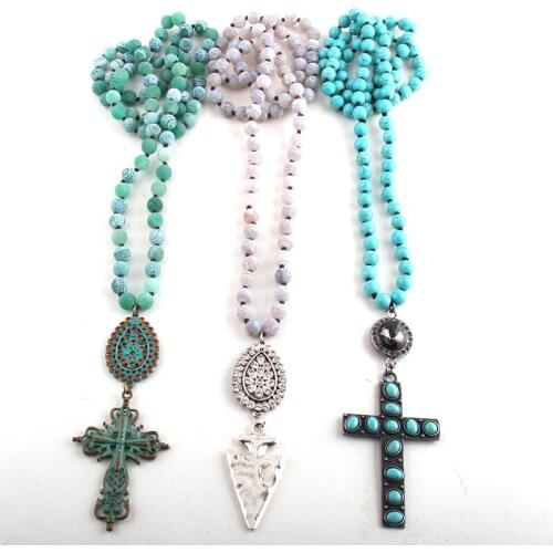 RH Fashion Beaded Necklace Stone Bead Long Knotted Metal Cross Pendant Necklaces For Women Jewelry