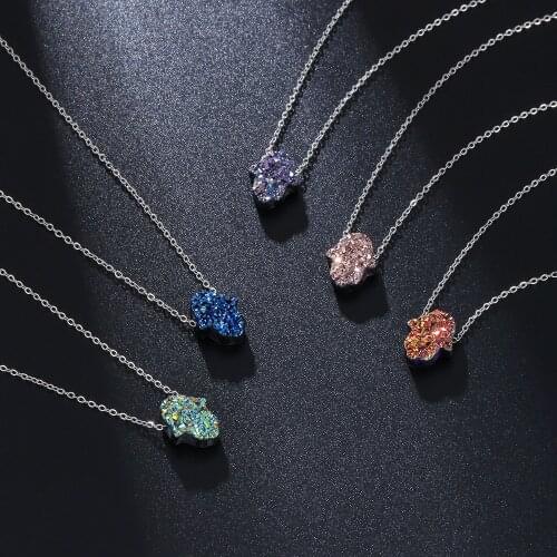 FANYANG Cute Fatimas Hand Pendant Necklace For Women Stainless Steel Hand of Hamsa Chokers Necklace Opal Neck Jewelry Best Gift
