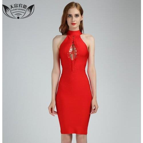 2017 Sexy Sleeveless Red Dress Hollow Out Open Chest Strap Metal Eyelet Design Dresses Turtleneck Ladies Bandage Dresses