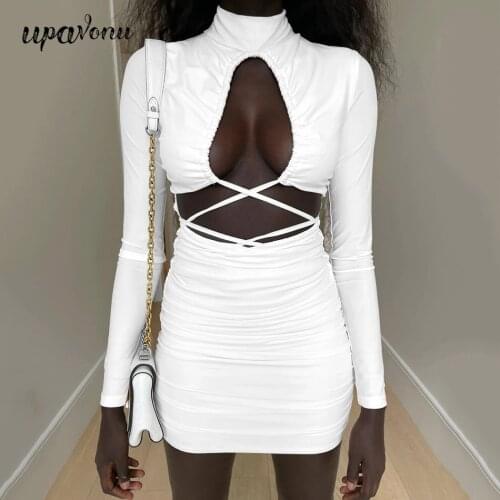 Free Shipping 2021 New Sexy Hollow Stand Collar Dress Long Sleeve Bodycon White Draped Dress Celebrity Club Evening Party Dress