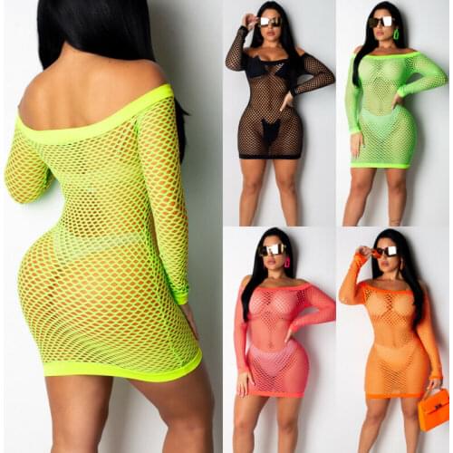 Womens Smock Crochet Beach Dress Off-Shoulder Swimwear Bikini Cover Up Fishnet Bathing Suit 2020 Summer Swim Short Mini Dress