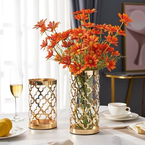 Nordic Creative Metal Hollow Transparent Glass Vase Golden Printing Modern Home Living Room Flower Arrangement Decor Ornaments