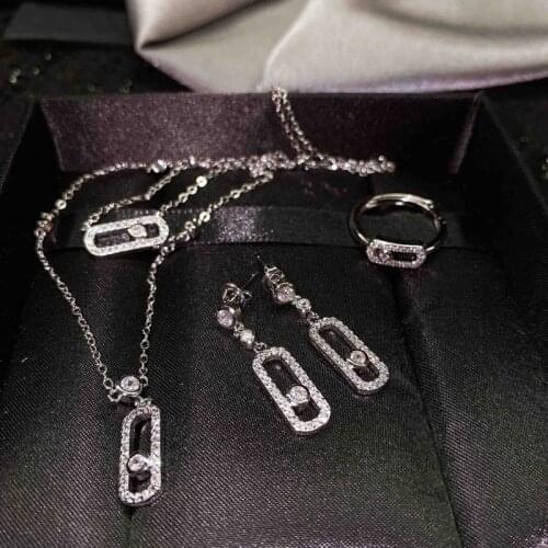 2021 New Pin Shape Jewelry Set Fashion Geometric Necklace Inlay Shiny Zircon Piercing Earrings Eternity Wedding Ring For Women
