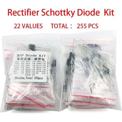 255pcs Fast Switching Rectifier Schottky Diode Assorted Kit 1N4001 1N4004 1N4007 1N5408 UF4007 FR307 1N5819 1N5822 6A10 10A10