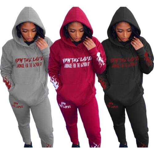 39Q5212 Autumn Winter Women Casual Fashion Solid Print Loose Sports with Hood Two Piece Set Tracksuit Sweatsuit Outfits