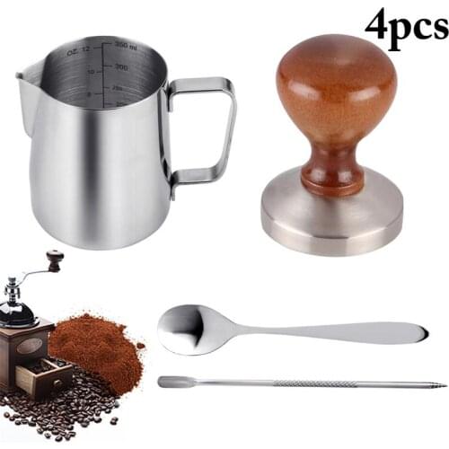 4Pcs Coffee Accessories 58mm Stainless Steel Coffee Tamper With 12oz Frothing Pither Coffee Spoon Latte Art Pen Coffee Tools