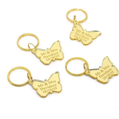 50 Customized Laser Engraved Gold Silver Butterfly Keychain Birthday Party Favors Personalized Baby Shwer Gift Souvenirs Keyring