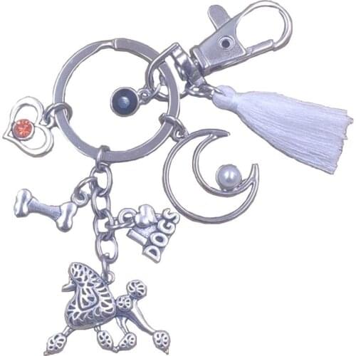 Poodle Teddy Dog Animal Luxury Moon Style Keychain Key Ring Pet Tassels Retro Silver Plated Women Men Jewelry Gift K012-16