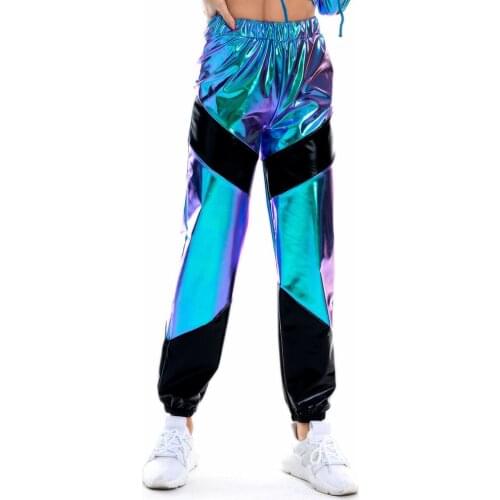 Women Reflective Long Pants With Pockets High Waist Loose Holographic Patchwork Trousers Club Dance Jogger Pants Nice Clubwear