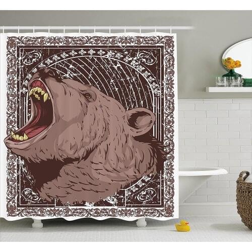 Animal Print Shower Curtain Illustration of The Growling Grizzly Bear Head with Sharp Teeth Print Bathroom Waterproof Curtains