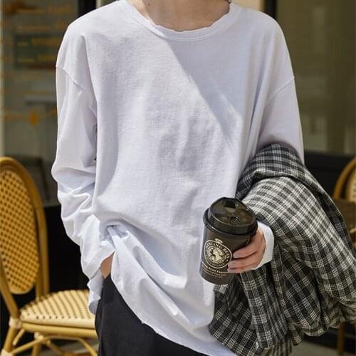 New Womens Cotton T Shirt Long Sleeve Loose Solid Simple Basic Casual Tops Female O Neck Asymmetrical Slim Spring Tee T-Shirt