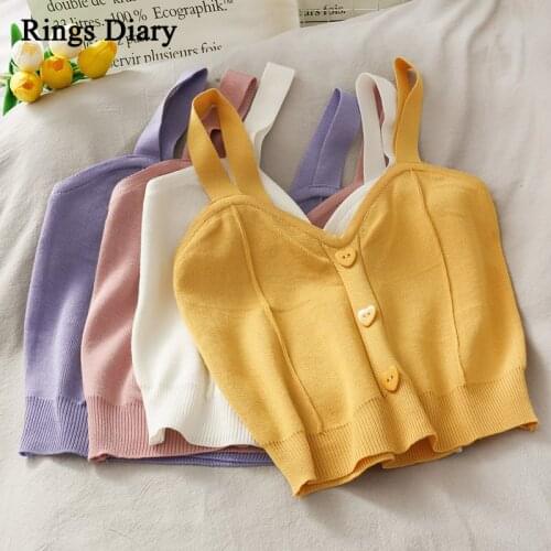 Rings Diary Knitted Crop Tops Button Up V-Neck Sleeveless Straps Tops Sexy Casual Camis Cute Crop Tops For Women Summer 2021