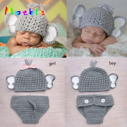 Newborn Baby Boy Girl Crochet Elephant Hat Diaper Set Knitted Infant Baby Photo Props Crochet BABY Animal Costume WLS-15002