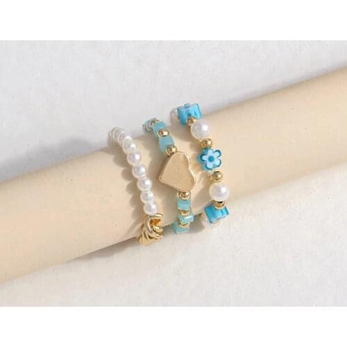 3 pcs/set Faux Pearl Bead Chain Rings Set For Women Fashion Geometric Golden Heart Ring Set 2021 Party Jewelry