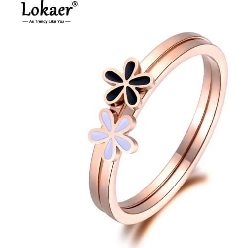 Lokaer Fashion White/Black Double Flowers Ring Jewelry For Women Girl Rose Gold Stainless Steel Anniversary Rings Anneaux R19009