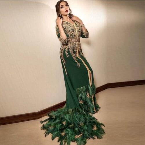 Moroccan Kaftan Muslim Evening Dress Luxury Beaded Feather Green Dubai Kaftan Saudi Arabic Evening Gown Applique Lace Prom Dress