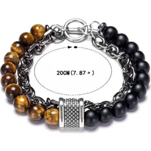 Natural Stone Layered Gun Black Color Alloy Double Chain Bracelet Homme Lava Stone Eye Tiger Bead Bracelet Gifts Jewelry